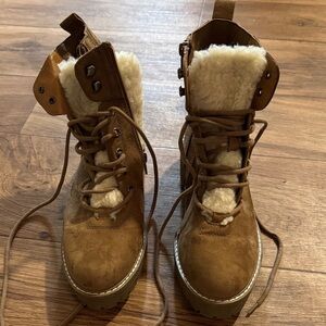 Women's Brown Lace-Up Combat Boots with Shearling